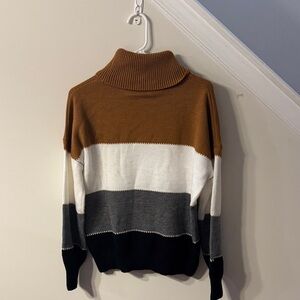 Colorblock Turtleneck Sweater - Brown, White, and Gray